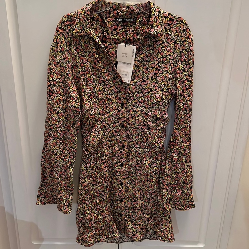 NWT Zara Floral Dress Botton Up Long Sleeve Size XS